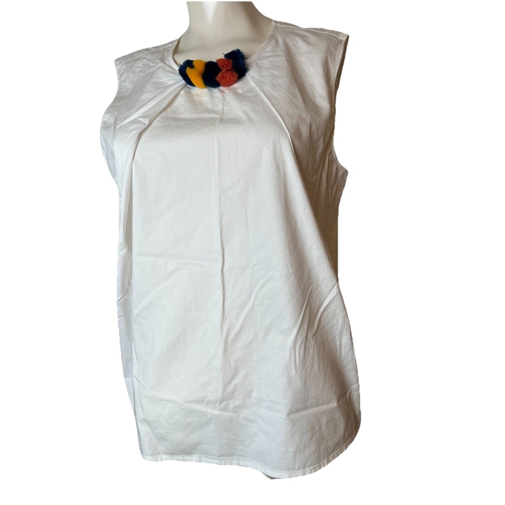 CATHERINE MALANDRINO Women's White Pom-pom Neck Blouse Shirt Top Small